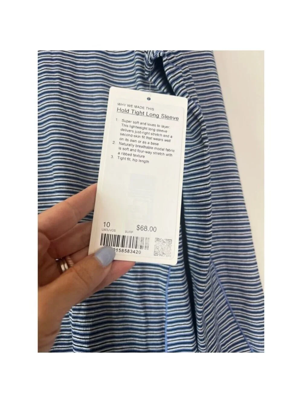 NWT Lululemon Athletica Hold Tight Long Sleeve Striped Blouse Blue Size: 10